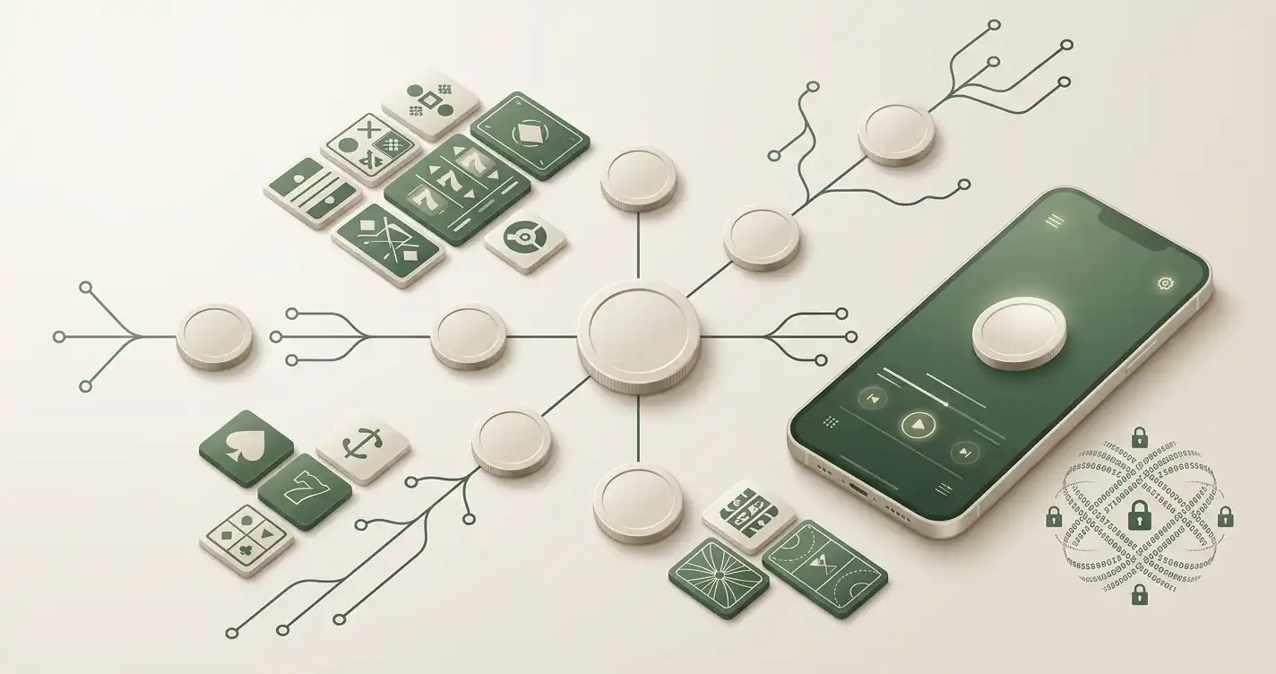Abstract crypto casino interface with coins, game tiles and network paths